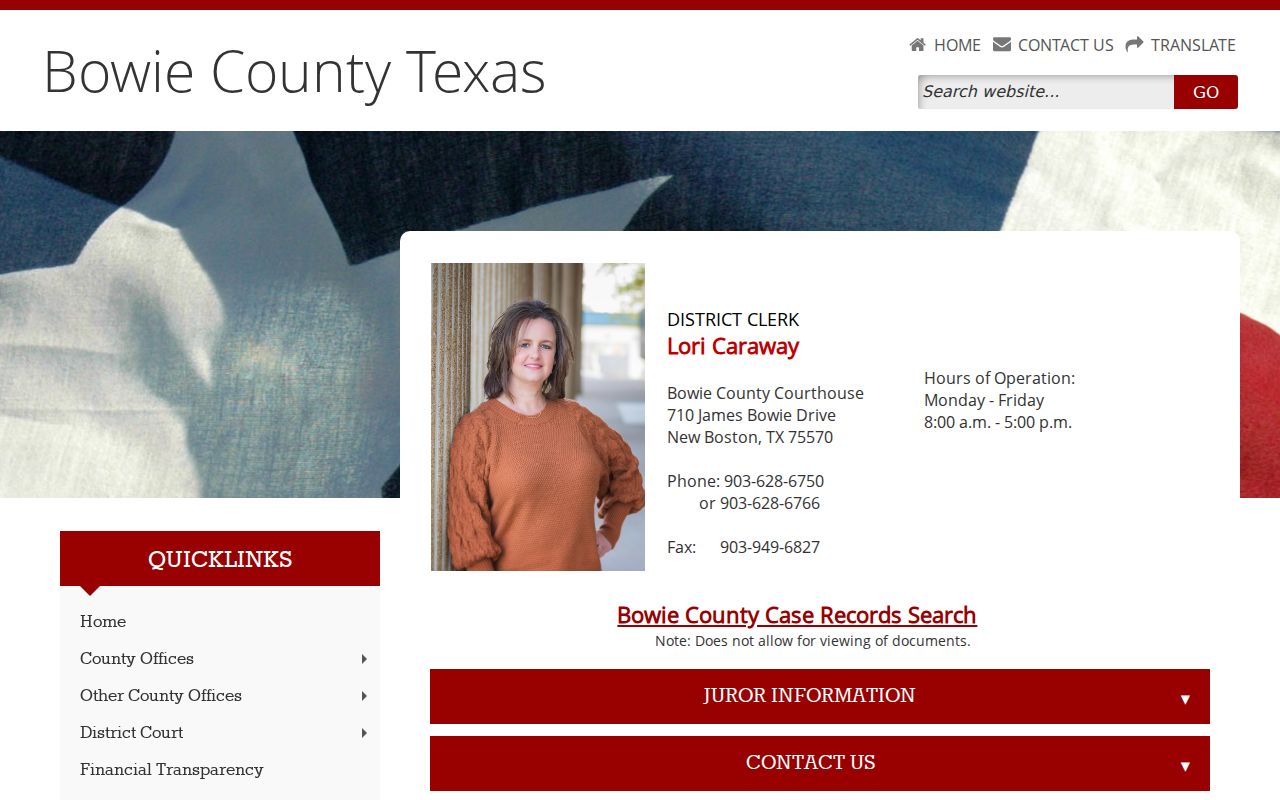 Bowie County District Clerk court case lookup page