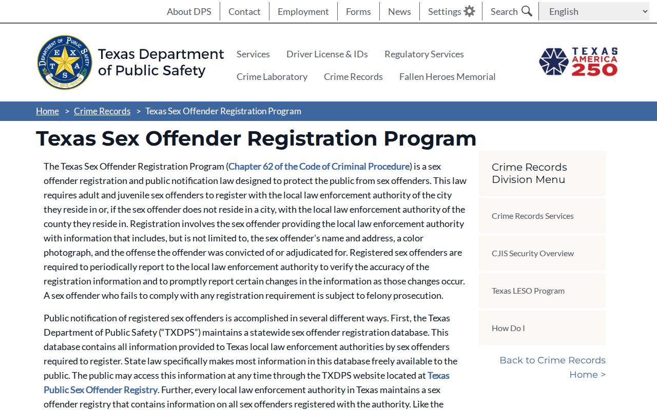 Bowie County sex offender registration program information from Texas DPS
